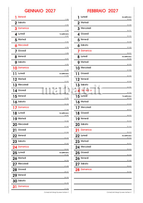 Calendario mensile 2027 2 mesi per pagina