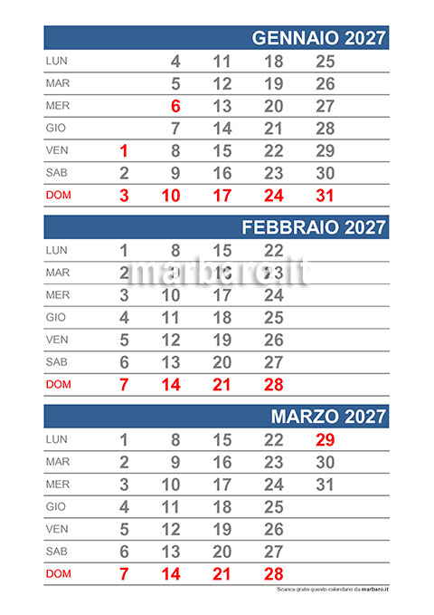 Calendario mensile 2027 da stampare con 3 mesi per pagina
