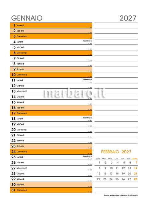 Calendario mensile 2027 in PDF da stampare