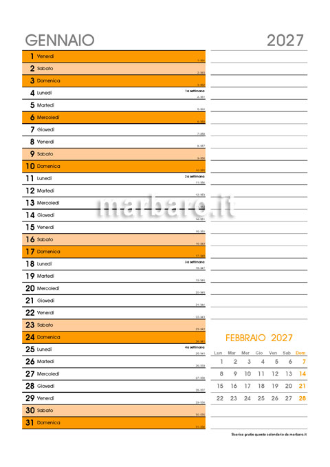 Calendario mensile 2027 con i numeri delle settimane stampabile Calendario mensile 2027 con i numeri delle settimane stampabile