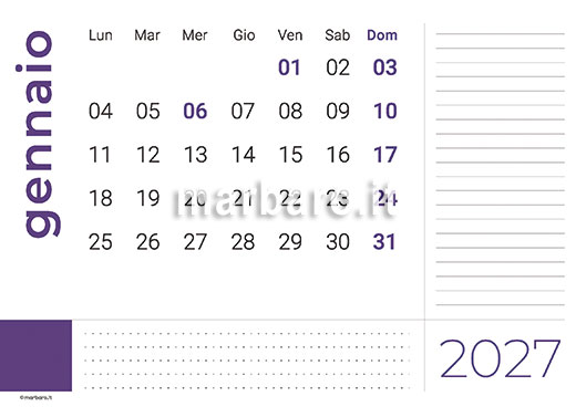 Calendario mensile 2027 da stampare in A4