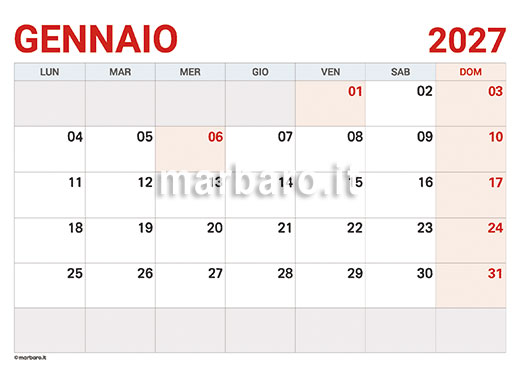 Calendario mensile 2027 stampabile