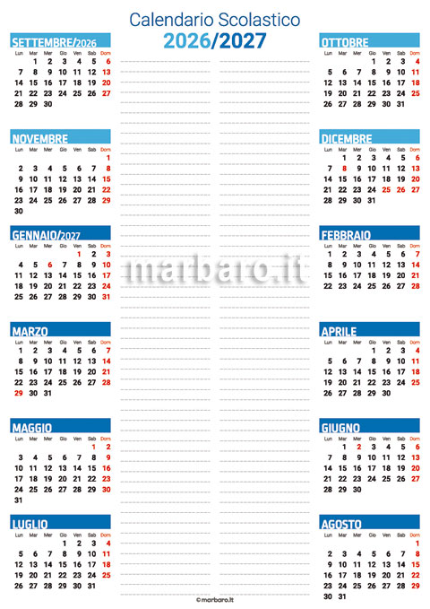 Calendario per l'anno scolastico 2026/27 con spazi per note