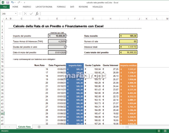 Excel calcolo della rata di un prestito