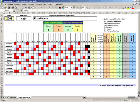 Schermata della versione 2.1 del foglio di lavoro Registro Presenze in Excel 