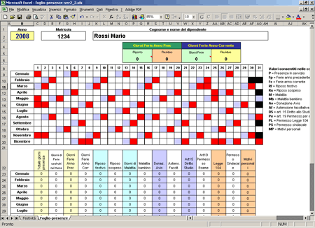 Schermata della versione 2.2 del foglio di lavoro Presenze in Excel 