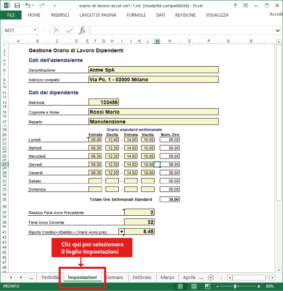 Impostazioni del Foglio Excel Ore lavoro mensile