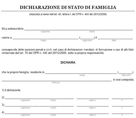 Modulo Autocertificazione Stato Di Famiglia