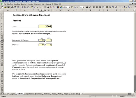 Il foglio di lavoro Festivita per l'inserimento delle festivita pasquali e del patrono