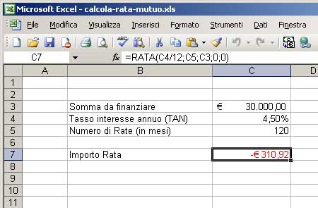 Excel calcolo del mutuo